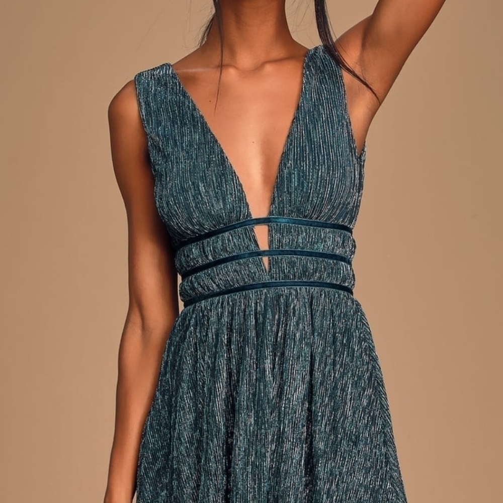 Lulu's Smokeshow Teal metallic mini dress New Medium Homecoming Formal - Picture 5 of 12